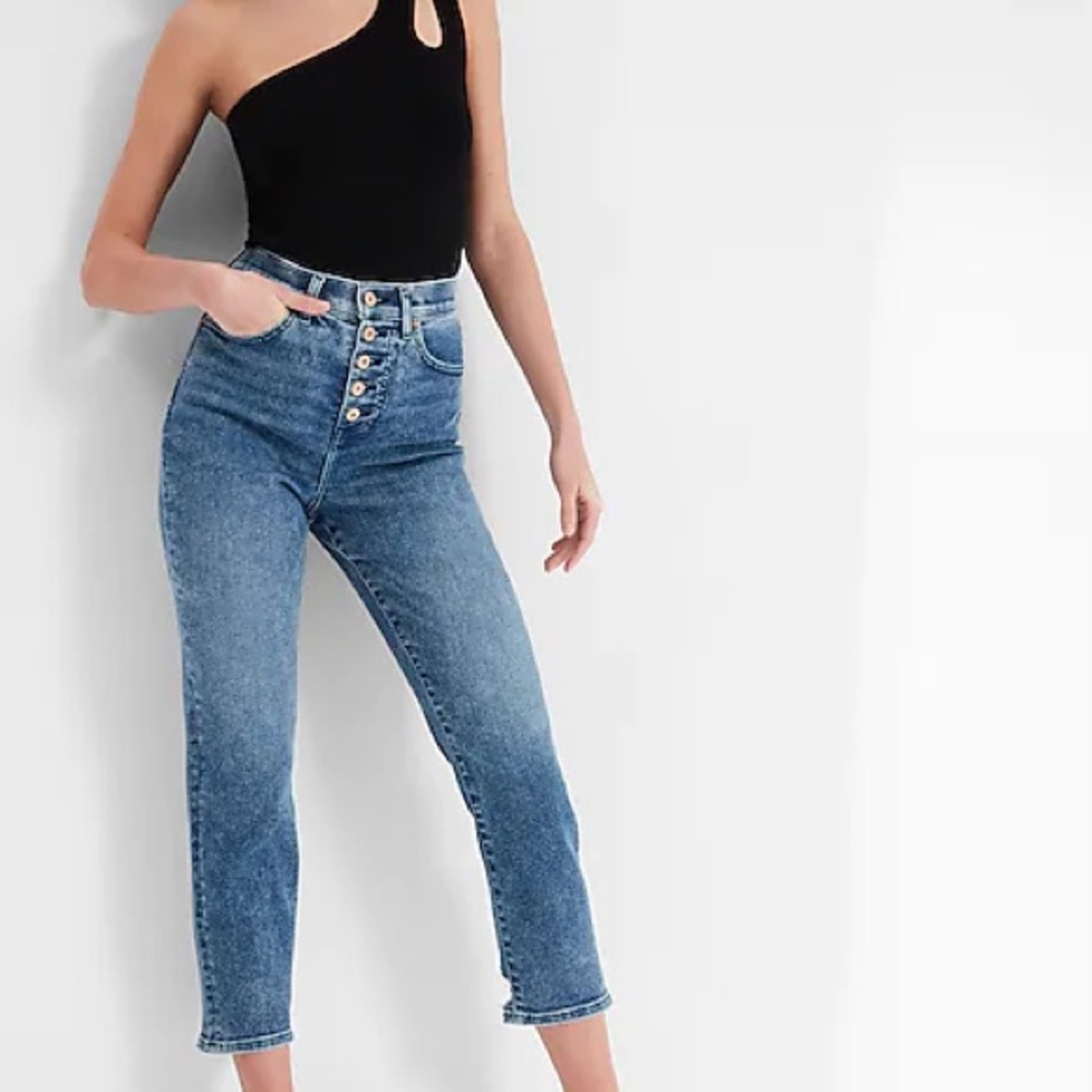 Super High Waisted Medium Wash Button Fly Mom Jeans